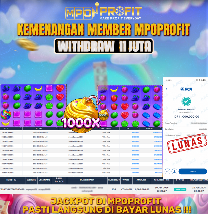 MPOPROFIT JACKPOT SLOT PRAGMATIC! KEMENANGAN MURNI DI (SWEET BONANZA 1000 TOTAL 11.000.000,- LUNAS)